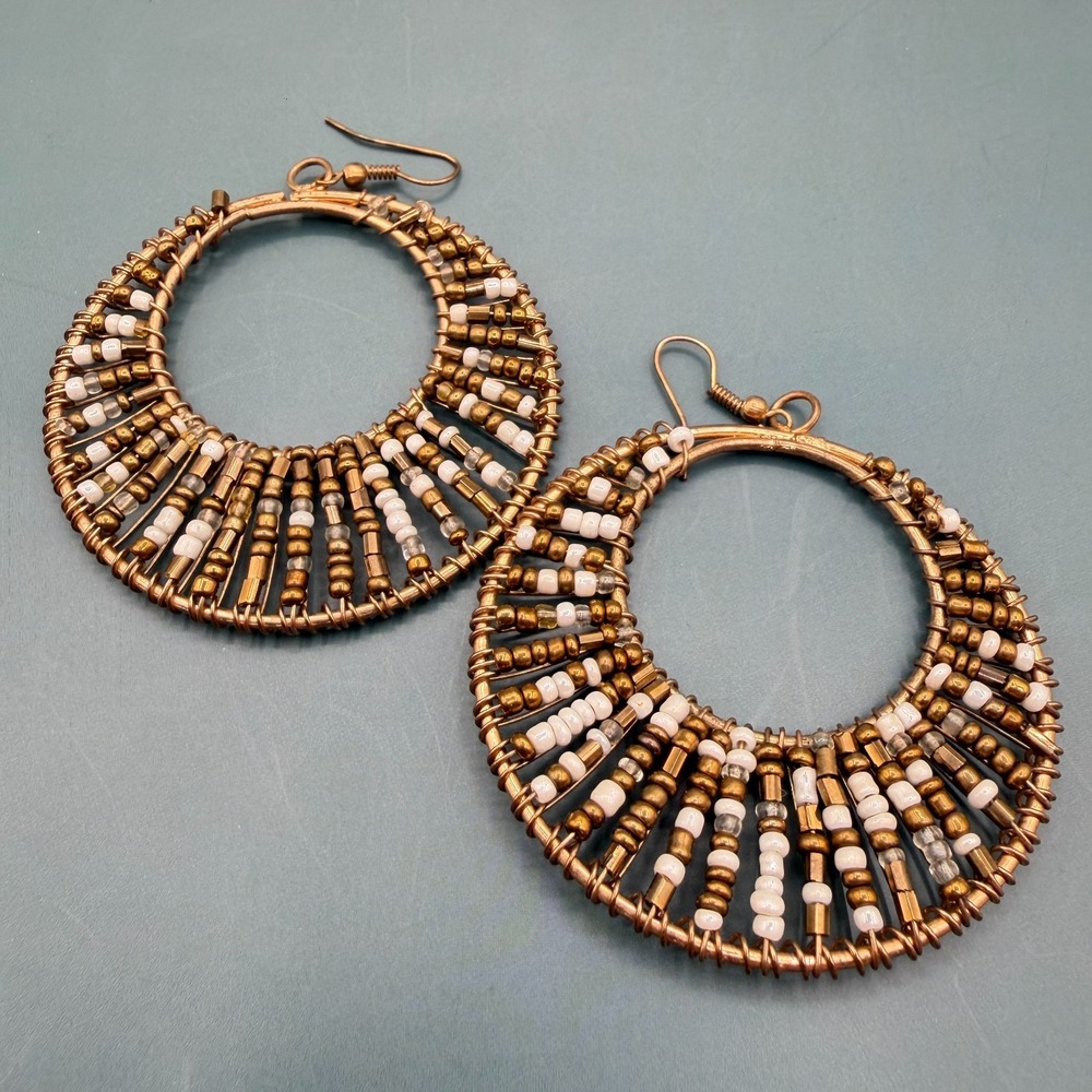 Boho Bronze Tone Beaded Hoop Earrings White Seed Bead Statement Festival Vintage